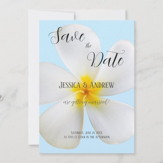 White Plumeria on Blue, Tropical, Floral Wedding Save The Date (Voorkant)