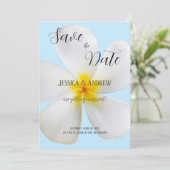 White Plumeria on Blue, Tropical, Floral Wedding Save The Date (Staand voorkant)