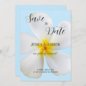 White Plumeria on Blue, Tropical, Floral Wedding Save The Date (Voorkant / Achterkant)