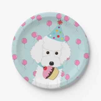 White Podle Birthday Dog Pink Balloons Papieren Bordje