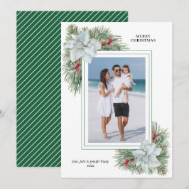 White Poinsettia and Pines Christmas Photo Feestdagenkaart