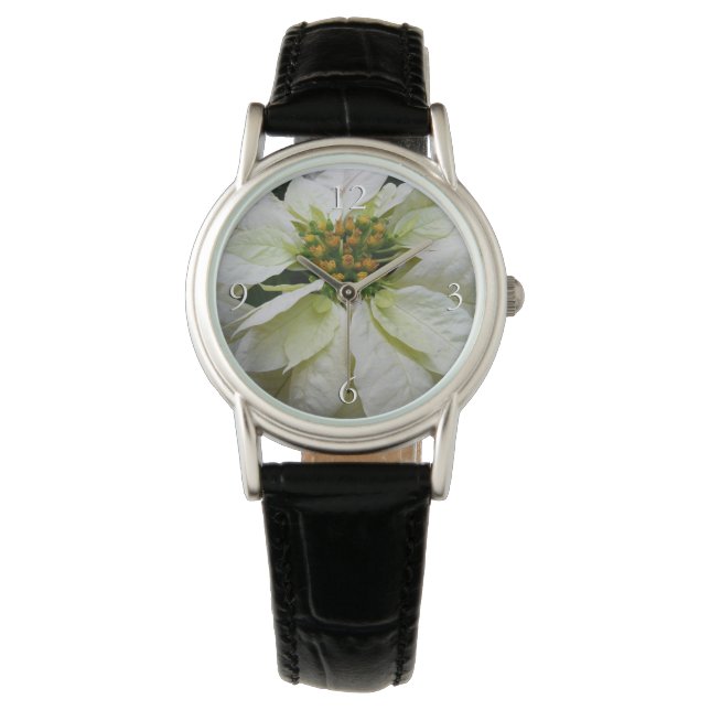 White Poinsettia Elegant Kerstfeestdag Floral Horloge (Voorkant)