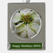 White Poinsettia Elegant Kerstfeestdag Floral Verzilverd Banner Ornament (Voorkant)