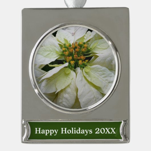 White Poinsettia Elegant Kerstfeestdag Floral Verzilverd Banner Ornament (Voorkant)