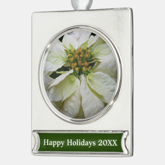 White Poinsettia Elegant Kerstfeestdag Floral Verzilverd Banner Ornament (Links)