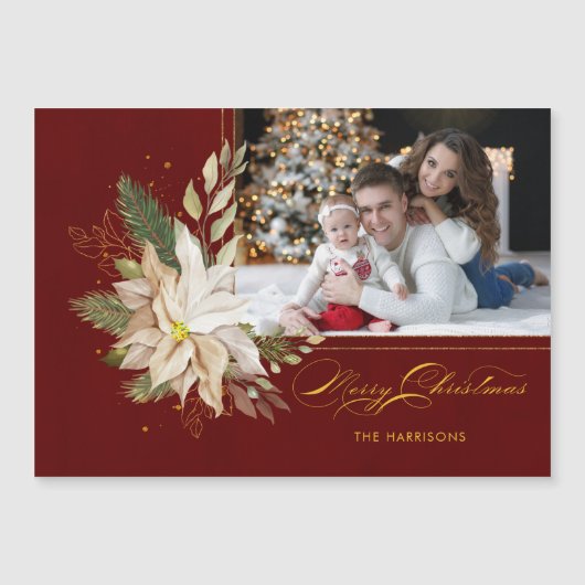 White Poinsettia, Gold Greenery Calligraphy Foto (Voorkant)