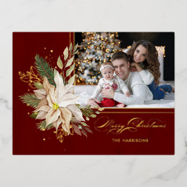 White Poinsettia, Gold Greenery Calligraphy Foto Folie Feestdagen Briefkaart