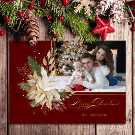 White Poinsettia, Gold Greenery Calligraphy Foto Folie Feestdagenkaart