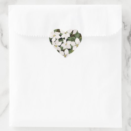 White Poinsettia KerstFloral Hart Sticker (Tas)