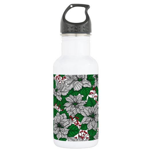 White poinsettia, kerstpatroon waterfles  (Voorkant)