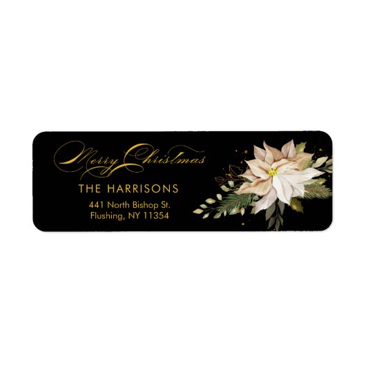 White Poinsettia & Merry-kerstkalligrafie Etiket (Voorkant)