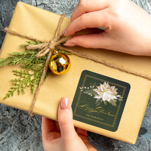 White Poinsettia & Merry-kerstkalligrafie Vierkante Sticker