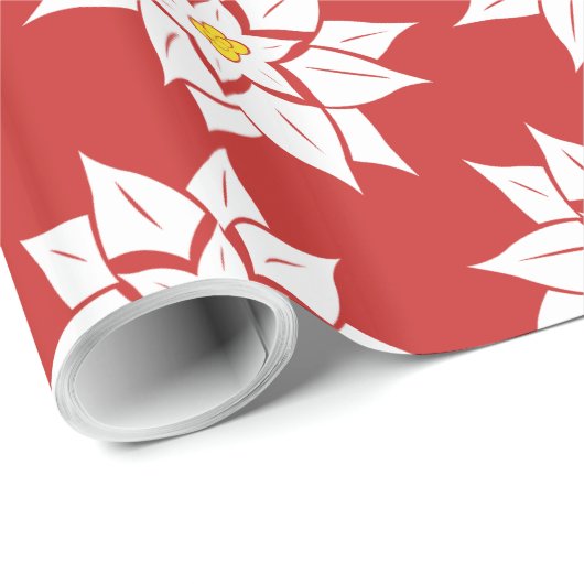 White Poinsettia on Red Cadeaupapier (Rol Hoek)
