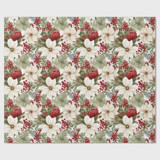 White Poinsettia, Red Floral Christmas | Cadeaupapier (Vlak)