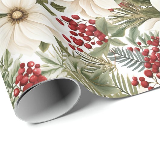 White Poinsettia, Red Floral Christmas | Cadeaupapier (Rol Hoek)