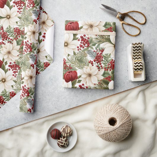 White Poinsettia, Red Floral Christmas | Cadeaupapier