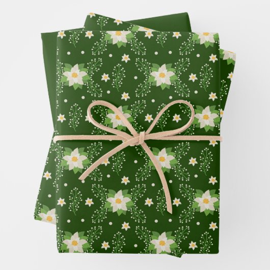 White Poinsettias on Green Background Inpakpapier Vel (In situ)