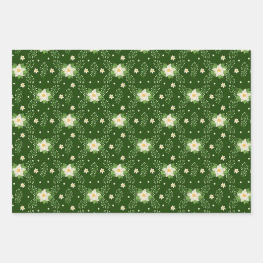 White Poinsettias on Green Red and Blue Background Inpakpapier Vel (Voorkant 3)