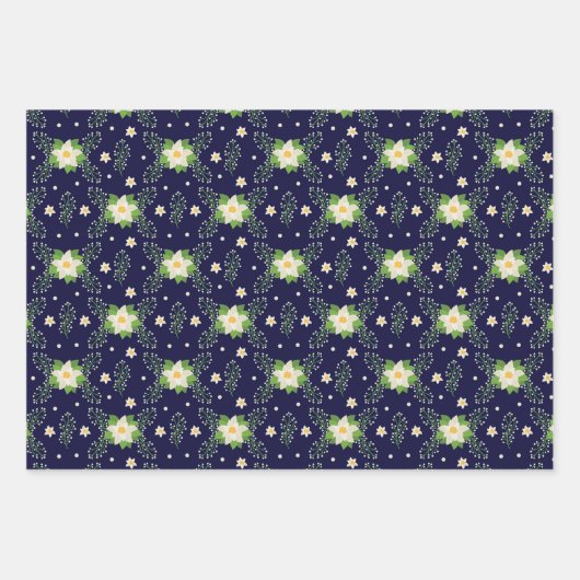 White Poinsettias on Green Red and Blue Background Inpakpapier Vel (Voorkant)