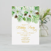 White Poinsettias | Pinecones Pine Holiday Party Folie Uitnodiging (Staand Voorkant)