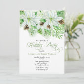 White Poinsettias | Pinecones Pine Holiday Party Kaart (Staand voorkant)
