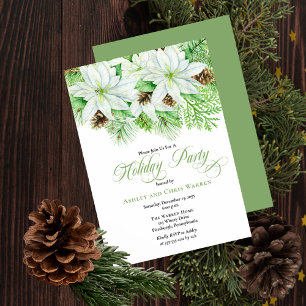 White Poinsettias   Pinecones Pine Holiday Party Kaart