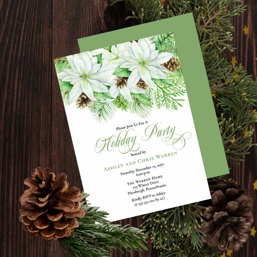 White Poinsettias | Pinecones Pine Holiday Party Kaart