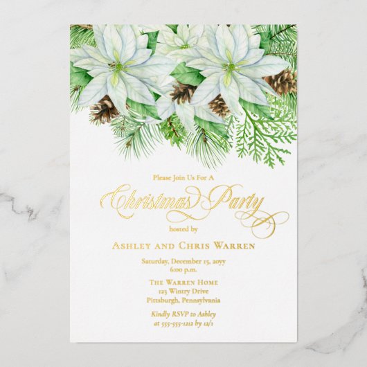 White Poinsettias | Pinecones Pine-kerstfeest Folie Uitnodiging (Voorkant)