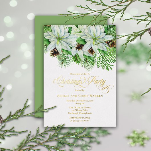 White Poinsettias | Pinecones Pine-kerstfeest Folie Uitnodiging