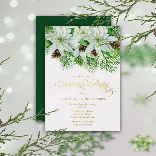 White Poinsettias | Pinecones Pine-kerstfeest Folie Uitnodiging