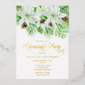 White Poinsettias | Pinecones Pine-kerstfeest Folie Uitnodiging (Voorkant)