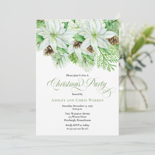 White Poinsettias | Pinecones Pine-kerstfeest Kaart (Staand voorkant)