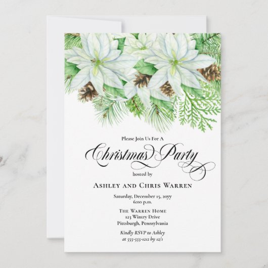 White Poinsettias | Pinecones Pine-kerstfeest Kaart (Voorkant)