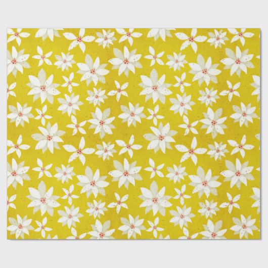 White Poinsettias Red Accents Bright Golden Yellow Cadeaupapier (Vlak)