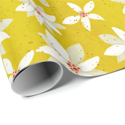 White Poinsettias Red Accents Bright Golden Yellow Cadeaupapier (Rol Hoek)