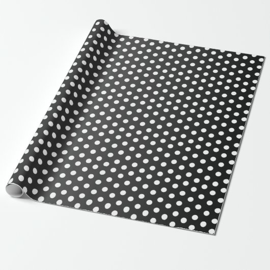 White Polka Dot and Sheen Black Satin Cadeaupapier (Uitgerold)