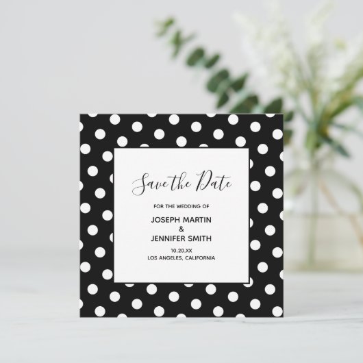 White Polka Dot Elegant Calligraphy Save the Date (Staand voorkant)