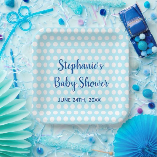 White Polka Dots Blue Girl Boy Baby shower Party Papieren Bordje (Feest)