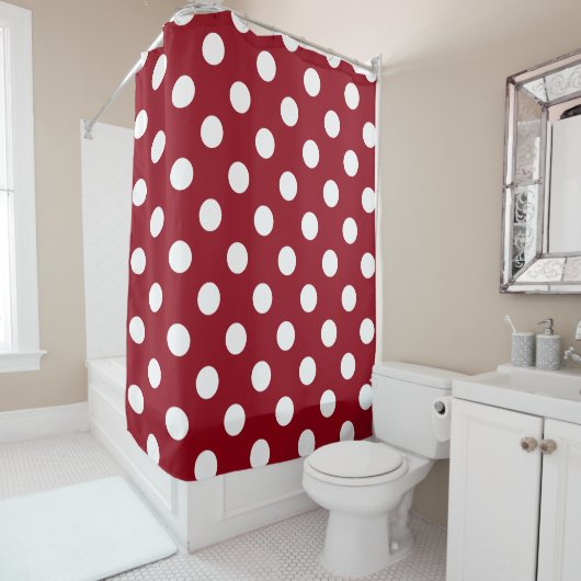 White Polka Dots on Crimson Red Douchegordijn (In situ)