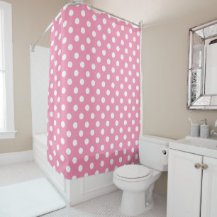 White Polka Dots on Happy Pink Douchegordijn