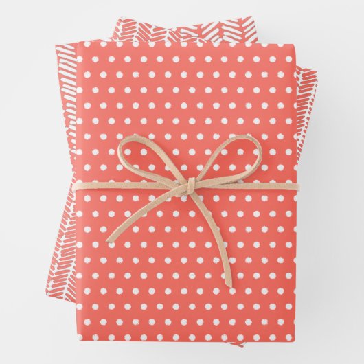 White Polkadots Chevron Stripes Summer Coral Red Inpakpapier Vel (In situ)