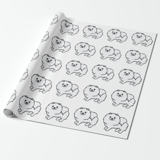White Pomeranian Cute Cartoon Dog Pattern Cadeaupapier (Uitgerold)