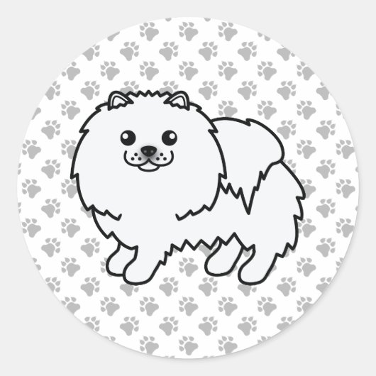 White Pomeranian Cute Cartoon Dog & Paws Ronde Sticker (Voorkant)