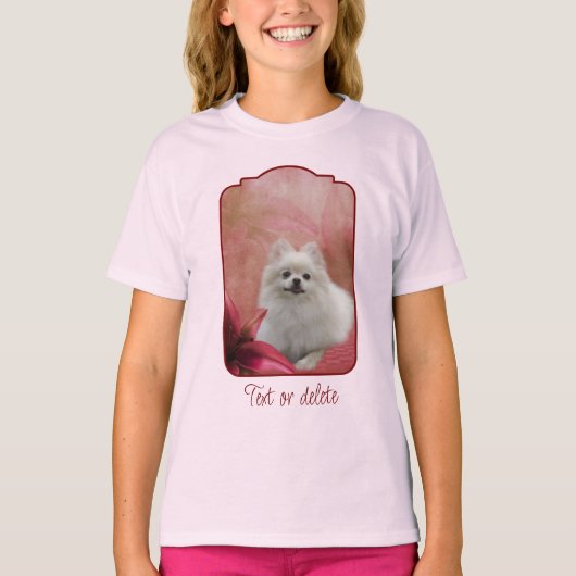 White Pomeranian Dog Lily Flowers Animal Art T-shirt (Voorkant)