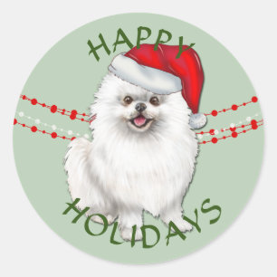 White Pomeranian Dog Santa Hat Prettige feestdagen Ronde Sticker