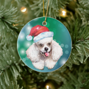White Poodle Dog Red Santa Hat Kerstmis Keramisch Ornament