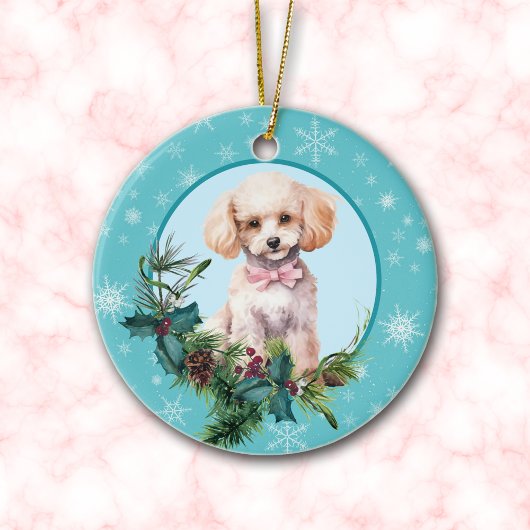 White Poodle Evergreen Blue Snowflake Border Keramisch Ornament