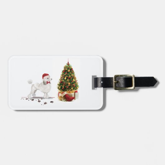 White Poodle Funny-kersthond met boom Bagagelabel (Voorkant horizontaal)