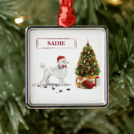 White Poodle Funny-kersthond met boom Metalen Ornament