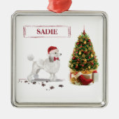 White Poodle Funny-kersthond met boom Metalen Ornament (Voorkant)